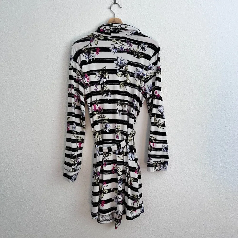 Nicole Miller Black White Stripe Floral Bathrobe Sleeping Robe M‌‌‌‌‌‌‌‌‌‌‌‌‌‌